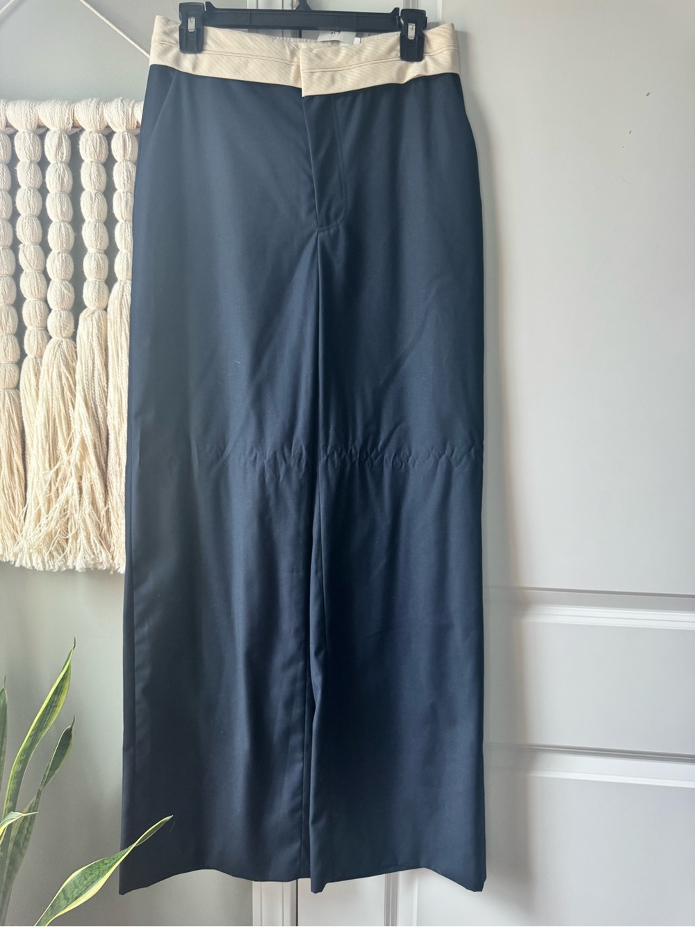 NWT ZARA high waist wide leg trouser dress pants navy with cream waist size S